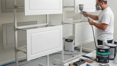 Professional cabinet painting process with spray and brush finish in Oakland, CA kitchen remodel