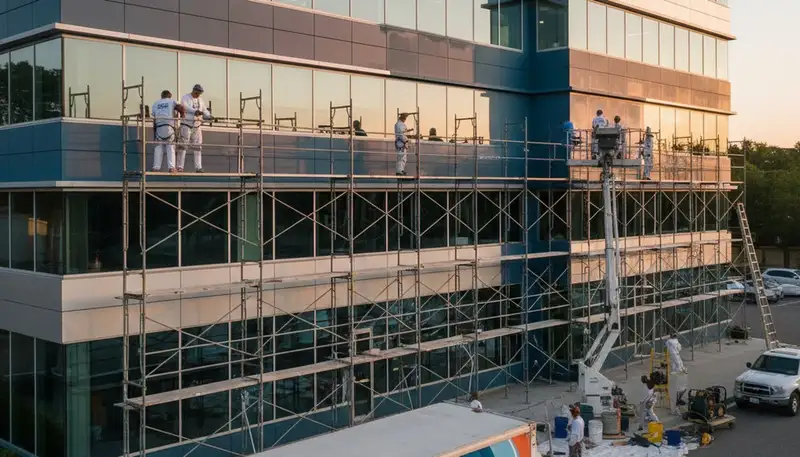 Professional commercial painters working on an office exterior in Oakland, CA