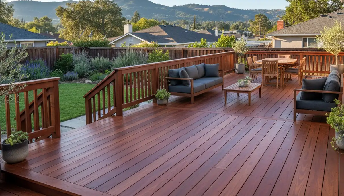 Finished deck staining in Oakland, CA highlighting rich wood color and weather-resistant professional finish