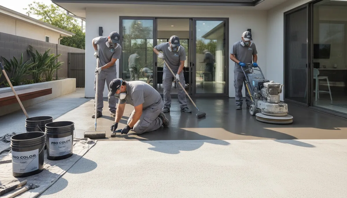 Professional concrete staining on residential patio in Oakland, CA by local house-painting experts