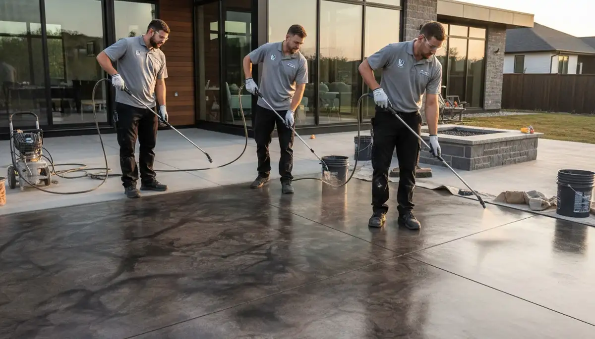 Professional concrete staining on residential patio in Oakland, CA by local house-painting experts