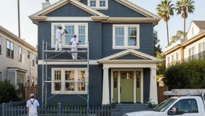 Professional house painters in Oakland CA applying fresh exterior paint to a residential home