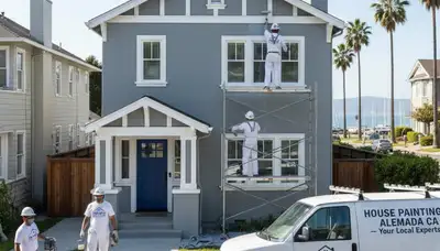 Professional house painters working on residential exterior in Oakland, CA