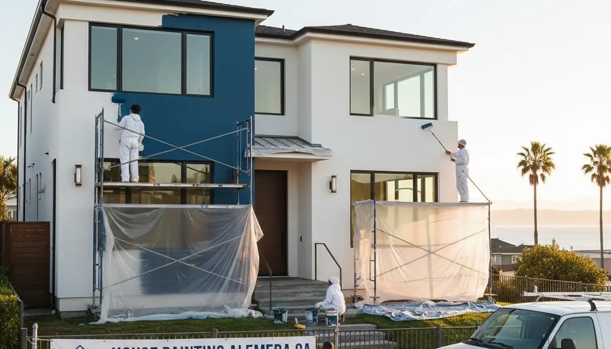 Professional house painters working on exterior home repaint in Oakland, CA