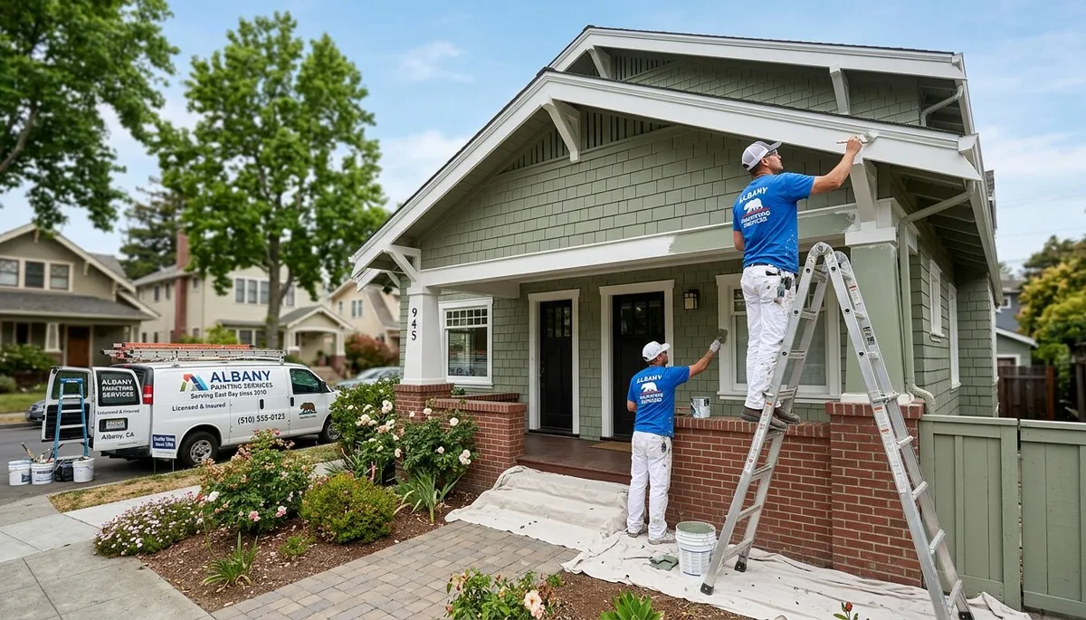 Professional house painters working on residential exterior repaint in Oakland, CA