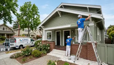 Professional house painters working on residential exterior repaint in Oakland, CA