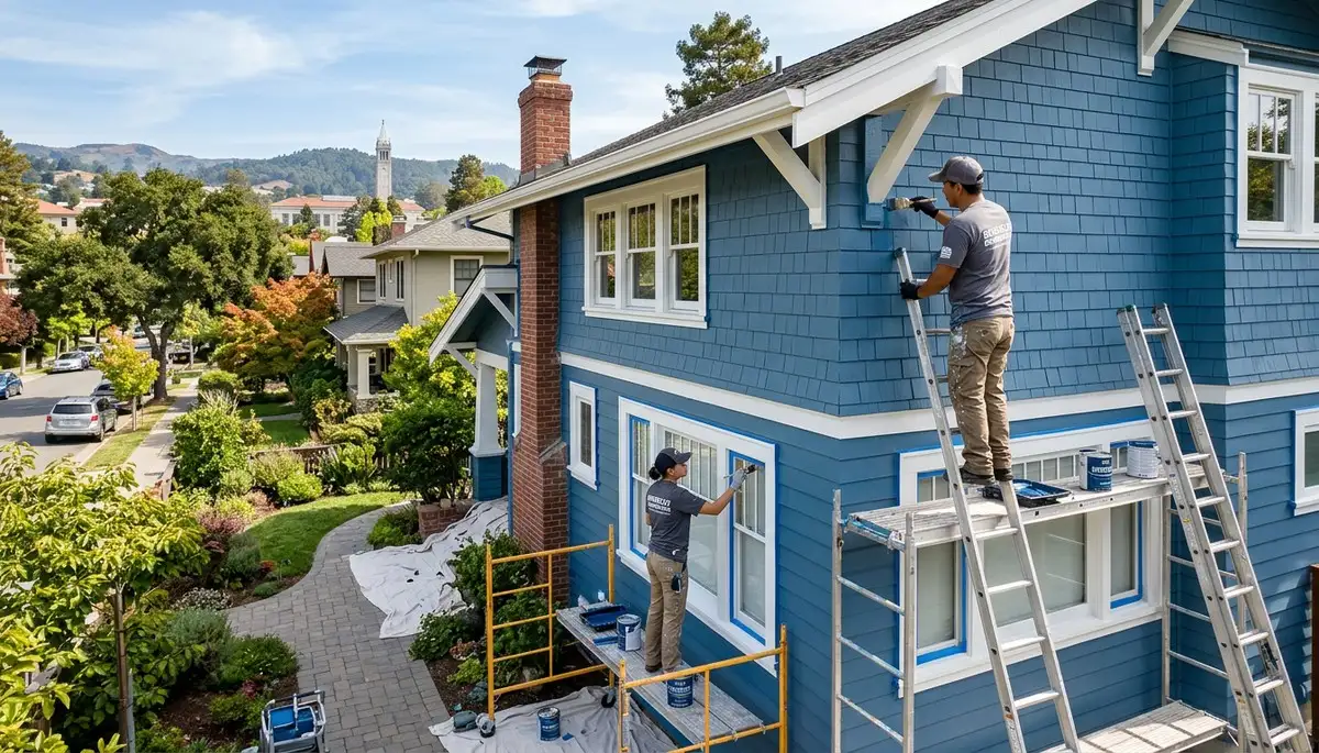 Professional house painters working on exterior home repaint in Oakland, CA