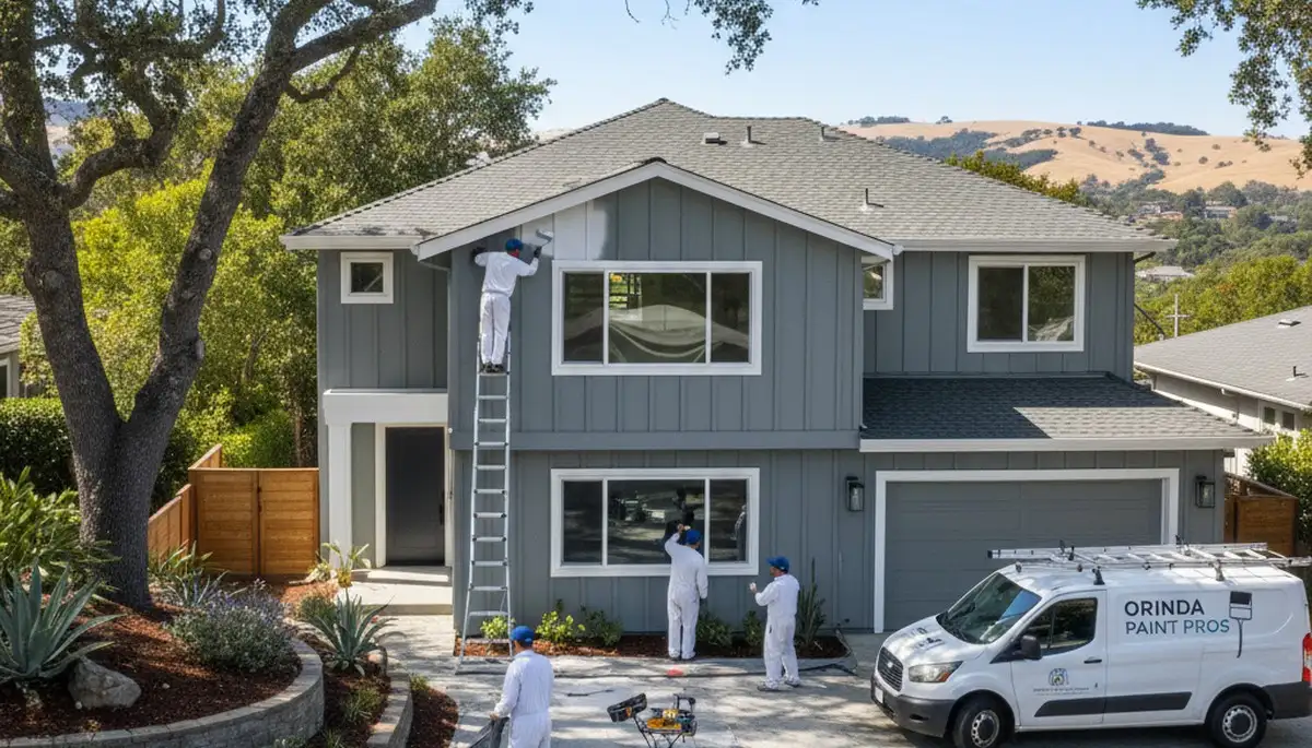 Professional house painters working on exterior home repaint in Oakland, CA