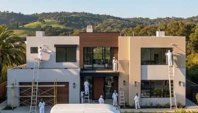 Professional house painters working on residential exterior in Oakland, CA