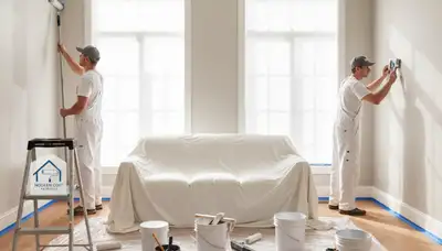 Professional interior house painters finishing a living room in Oakland, CA with modern color accents