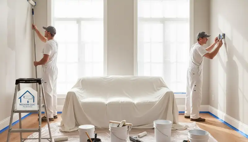 Professional interior house painters finishing a living room in Oakland, CA with modern color accents