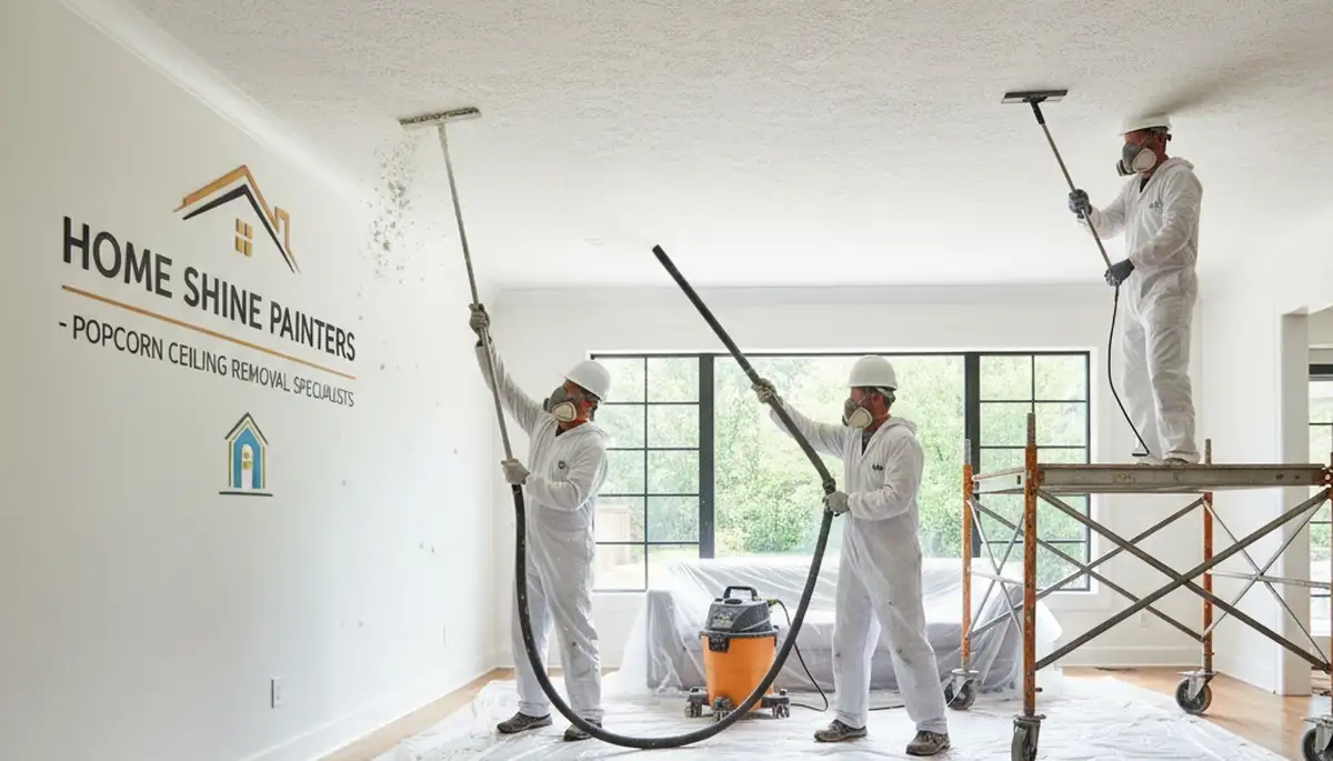 Painter removing popcorn ceiling in Oakland, CA home during professional ceiling resurfacing service