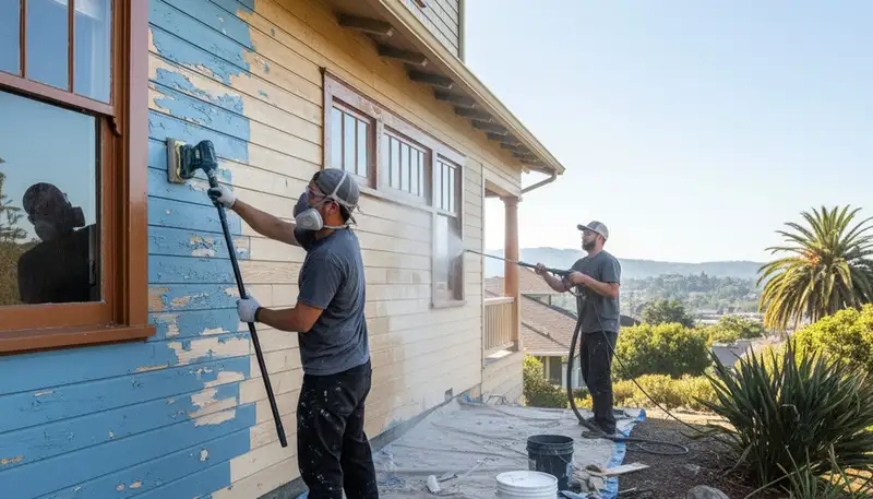 Painter sanding exterior siding for surface prep before painting a home in Oakland, CA