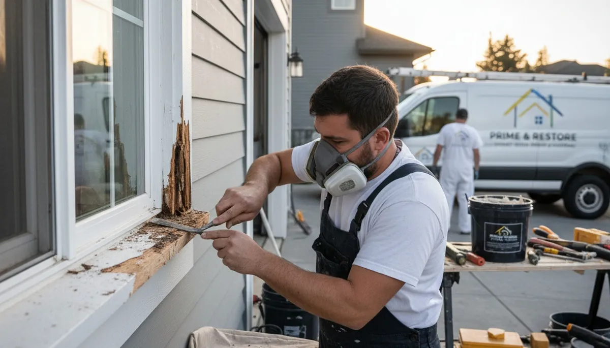 Professional wood rot repair and restoration on Oakland, CA home exterior by expert painters