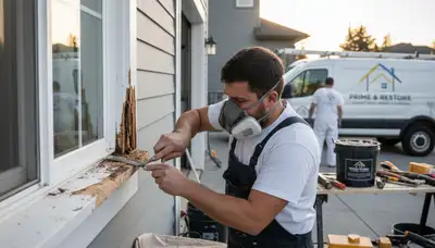 Professional wood rot repair and restoration on Oakland, CA home exterior by expert painters